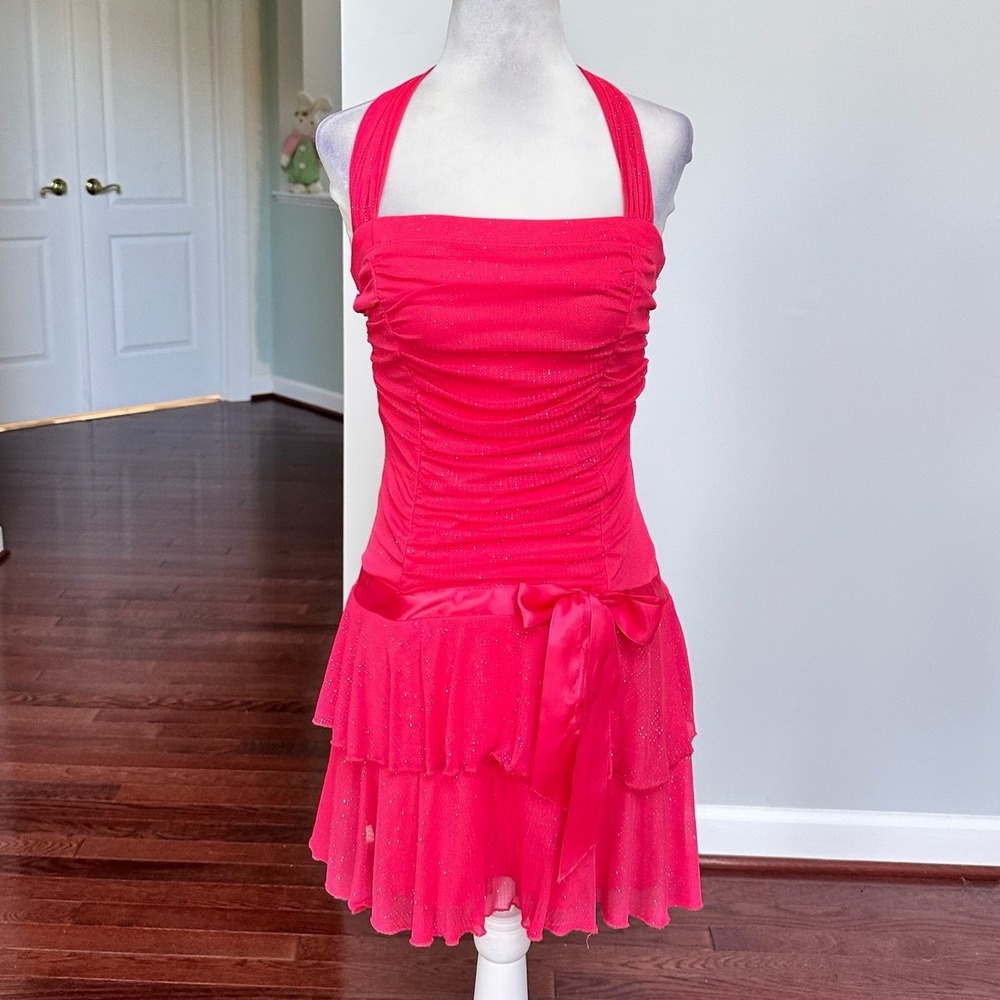 My Michelle Peach Glitter Halter‎ Drop Waist Bow Detail Cocktail Dress